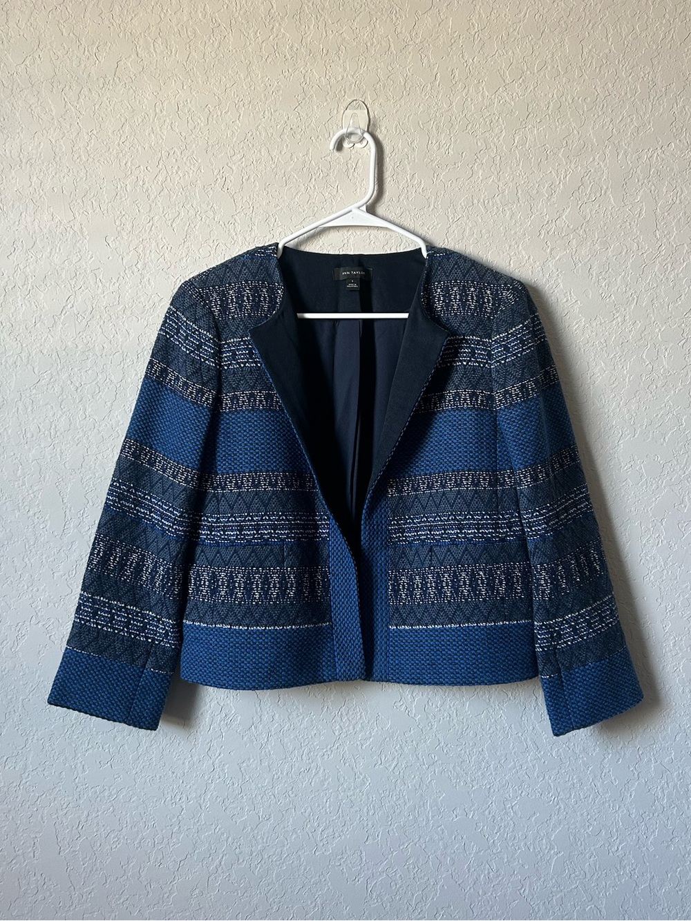 Ann Taylor Collarless Blue Black Patterned Tweed Open Front Blazer